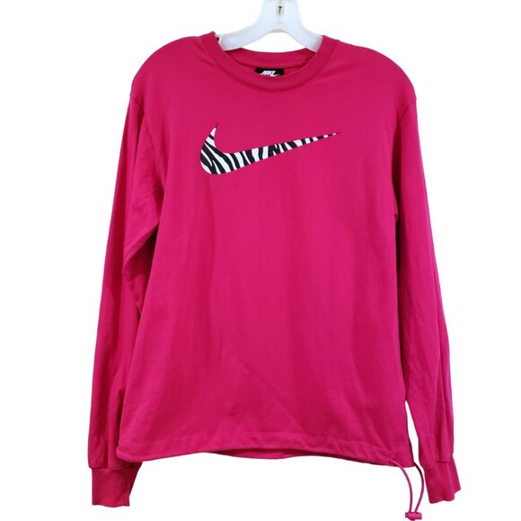 Nike Logo Long Sleeve Tee XS Drawstring Hem Pink Zebra Striped Swoosh Fits S-M - Picture 1 of 7